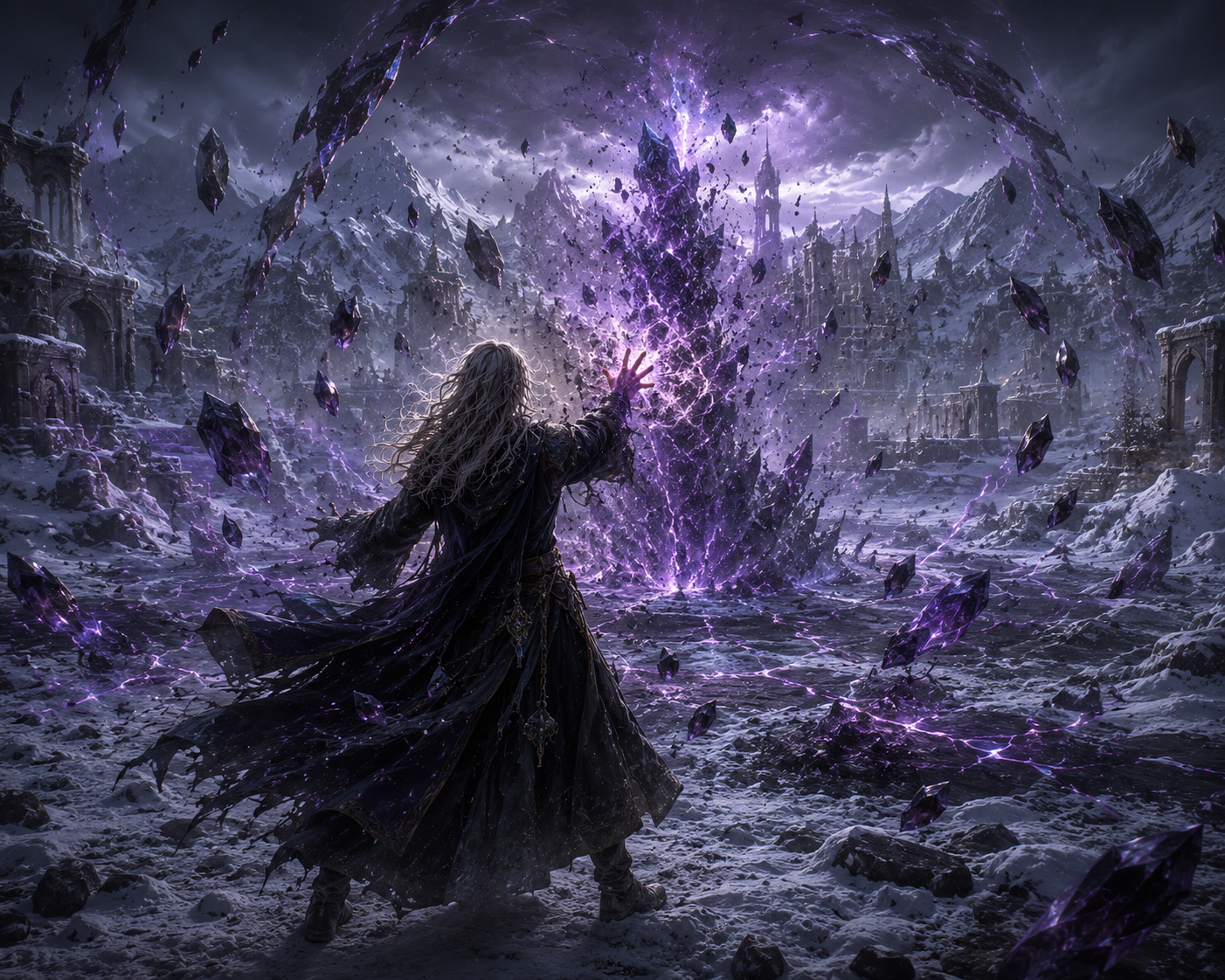 Digital render of a silver-haired sorcerer viewed from behind unleashing a swirling void spell amid flying dark
