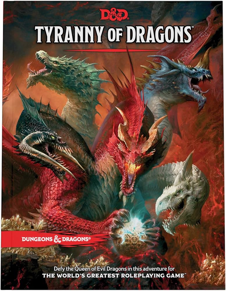 D&D Tyranny of Dragons book cover showing Tiamat's five chromatic dragon heads rising from flames.