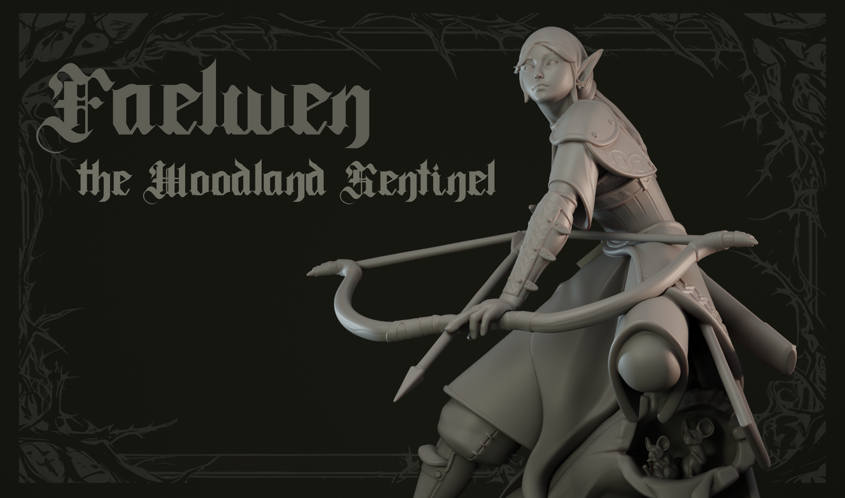 Faelwen the Woodland Sentinel by Dungeons & Maidens — elven ranger perched on a gnarled tree stump, holding a recurved longbow low, wearing pauldrons and a belted surcoat, quiver at her hip.