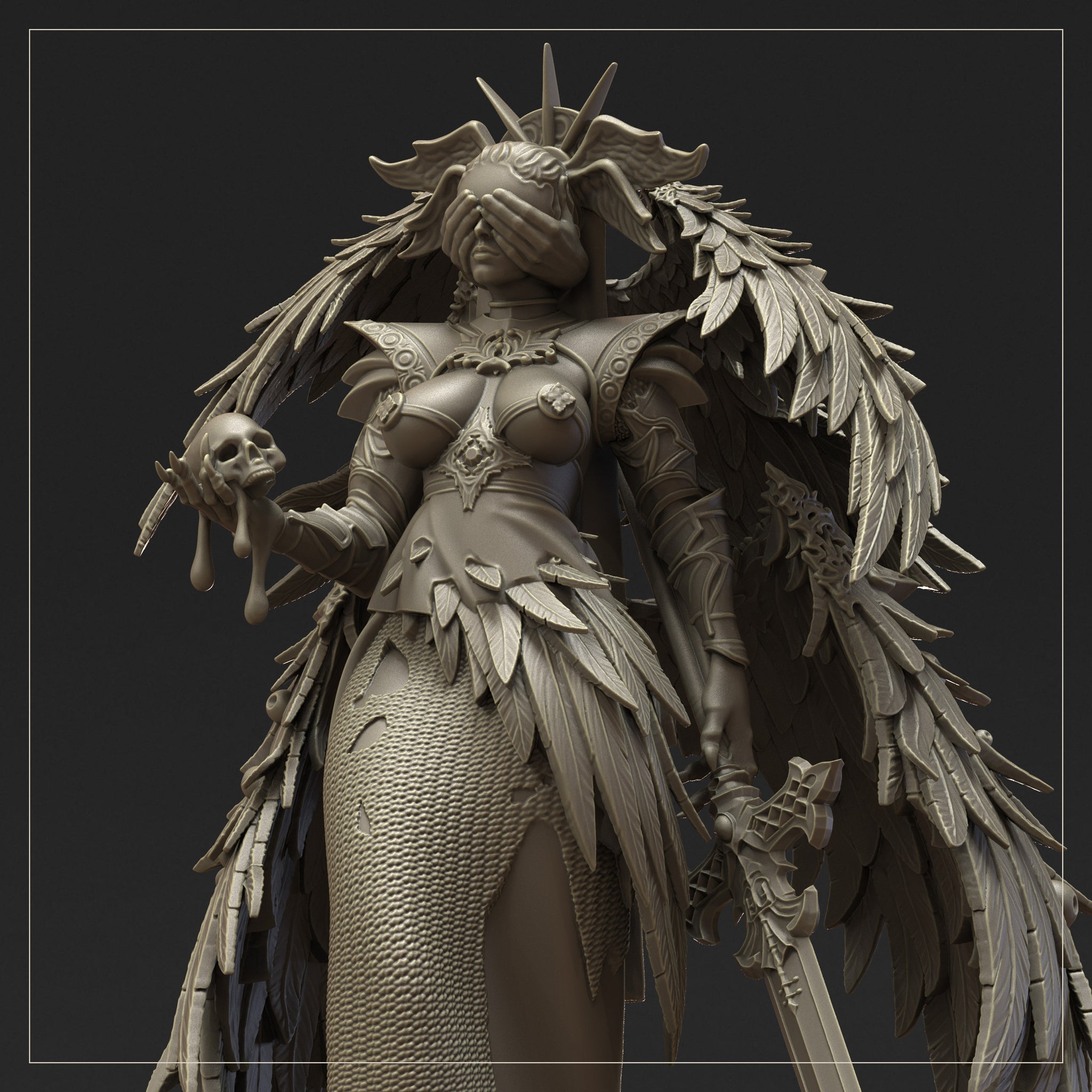 Winged angel miniature standing upright, one hand covering her eyes, the other holding a skull. Ornate breastplate, scale-mail skirt, rune-etched sword at her side. Spiked halo. By Dungeons & Maidens.