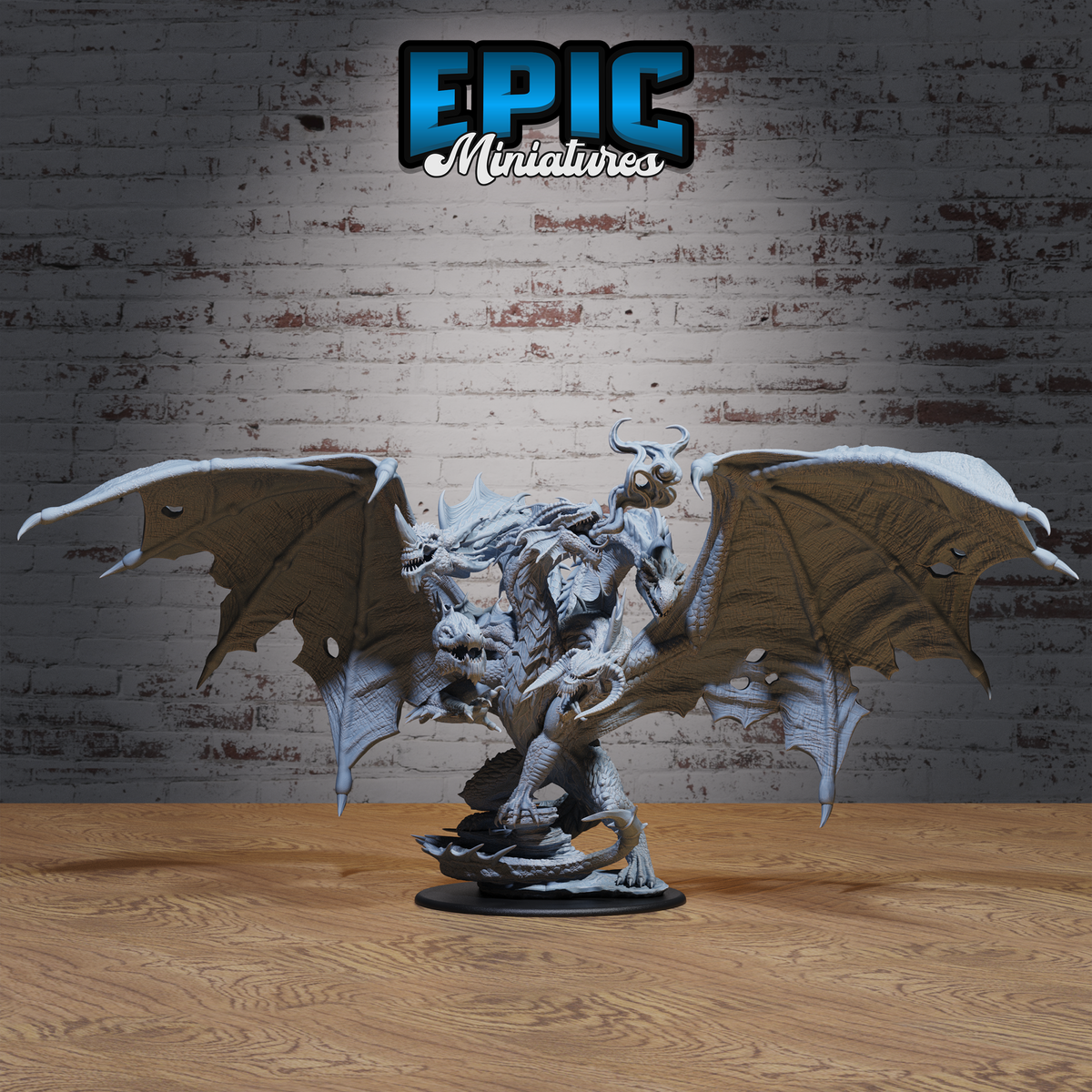 Epic Tiamat multipart resin miniature by Epic Miniatures, five-headed dragon queen rearing upright with broad bat wings spread wide, clawed feet gripping a rocky sculpted base on a round black disc.