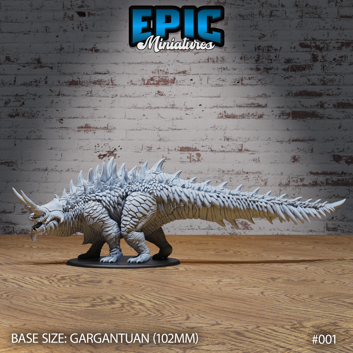 Ferocious quadrupedal beast facing left with open horned maw, densely overlapping scales across body, tall jagged dorsal spines, and a long spike-ridged tail. Mounted on a 102mm round base. Sculpt by Epic Miniatures.