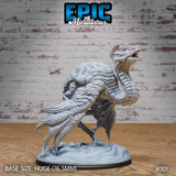 Coiling serpentine dragon-beast with neck reared upward and jaws wide open, heavily scaled body and splayed clawed feet, swept finned tail, on a swirling sculpted terrain base. Sculpt by Epic Miniatures.