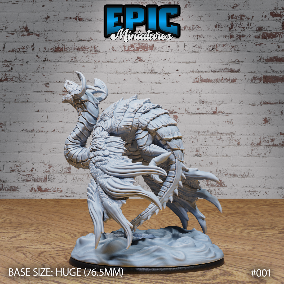 Heavily scaled serpentine dragon-beast viewed from behind, showing the arched neck, barbed spine ridges, coiled torso and raking taloned feet planted on a swirling mist-and-earth scenic base. Sculpt by Epic Miniatures.