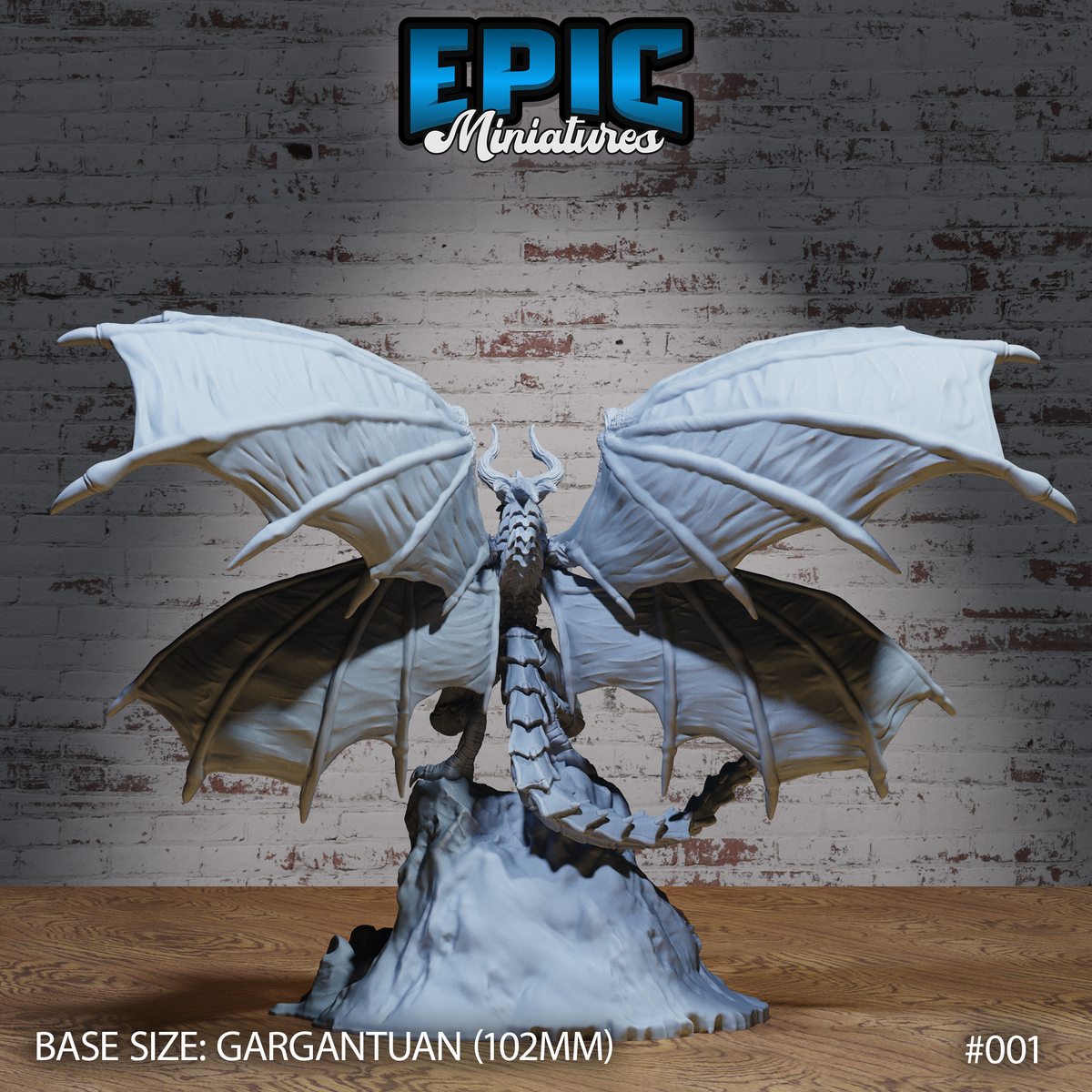 Emperor Dragon by Epic Miniatures seen from behind: both enormous bat-like wings fully extended to their widest span, revealing detailed membrane veining, horned head raised, spine ridges and scaled back clearly visible above the rocky base.