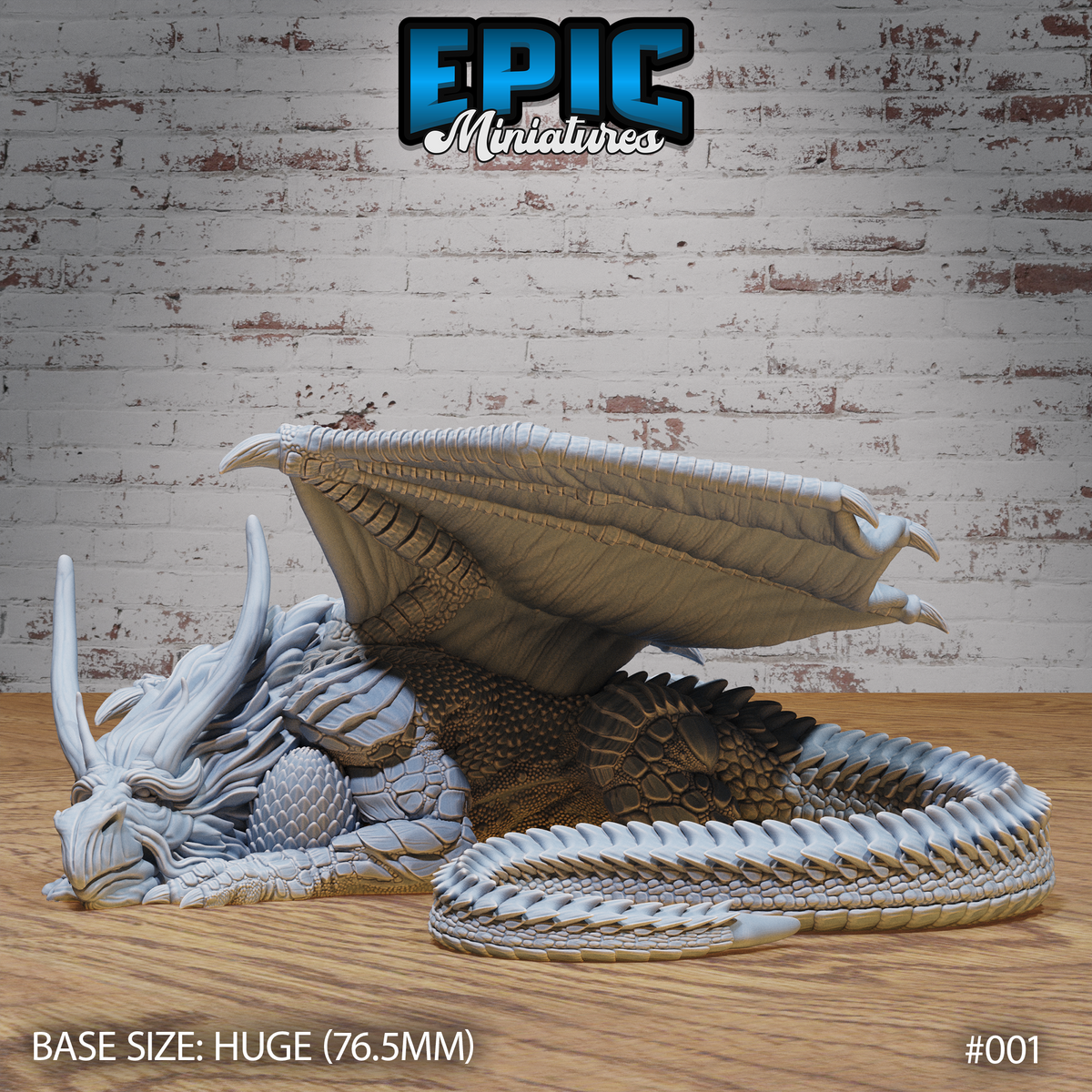 Colossal dragon coiled with wings folded, heavily horned head resting low, overlapping body scales and ridged spinal plates, tail curled beneath — Old Dragon by Epic Miniatures.