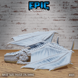 Dragon sculpt seen from above and behind, both wings spread wide and flat, clawed wingtips visible, coiled tail and horned head tucked low, fine membrane veining across wings — Old Dragon by Epic Miniatures.