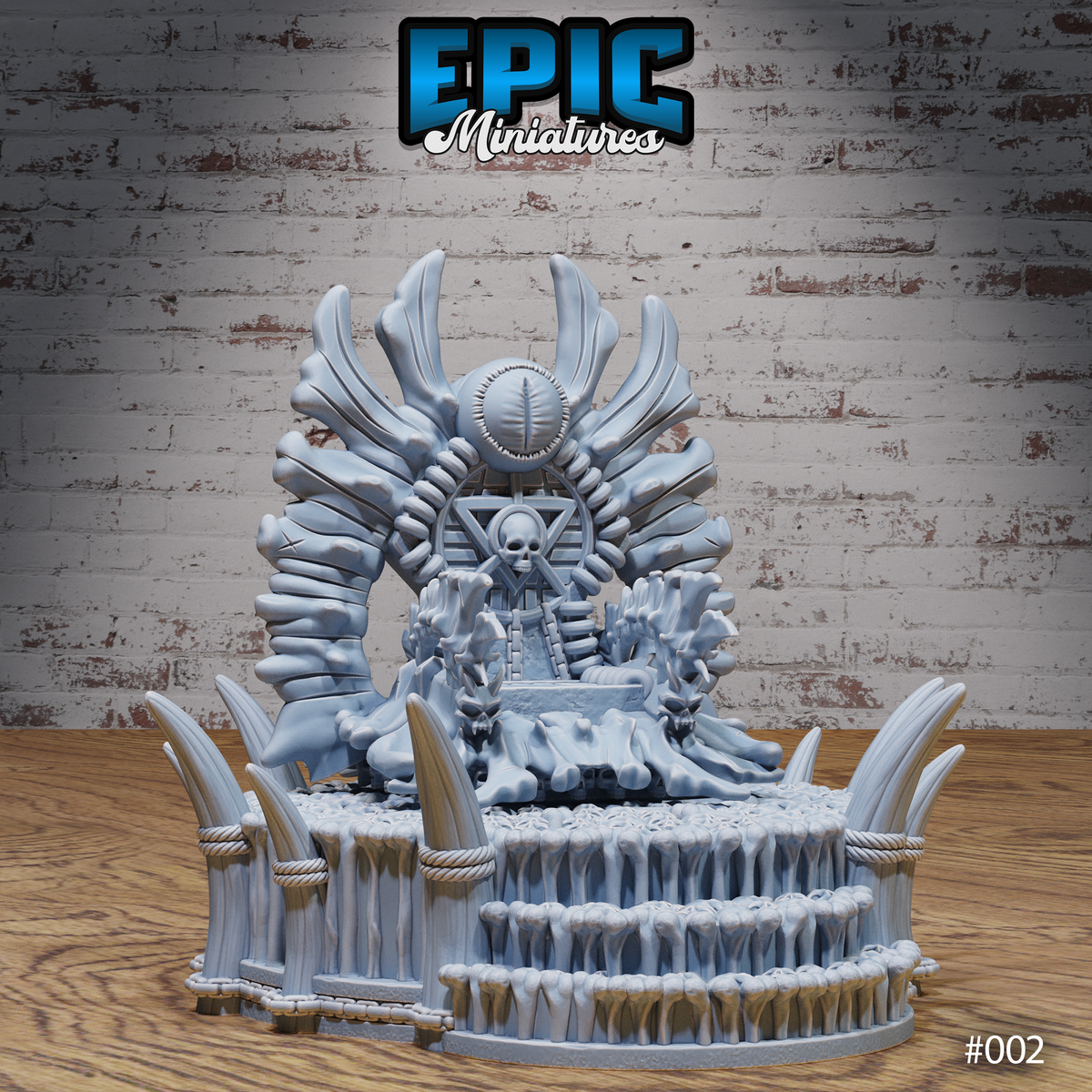 Bone Throne terrain piece by Epic Miniatures — a towering throne built from skulls and bones, with a skull-emblazoned backrest, tusk-ringed tiered dais, and grimacing skull armrests.
