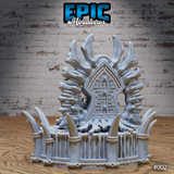Bone Throne by Epic Miniatures viewed from behind — showing the wide fan of finger-like bone protrusions forming the backrest and the rope-bound tusk and horn surround of the tiered bone dais.