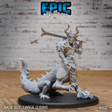 Lizardfolk centaur warrior gripping a longsword at the shoulder, wearing horned helm and angular geometric armour, large scaled beast body with dorsal spines and clawed forelimbs. Sculpt by Epic Miniatures.