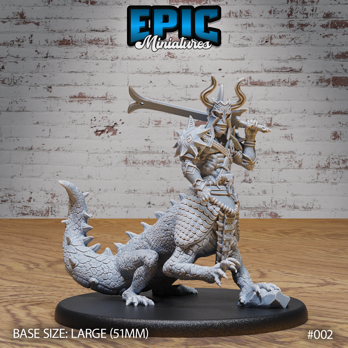 Lizardfolk centaur warrior gripping a longsword at the shoulder, wearing horned helm and angular geometric armour, large scaled beast body with dorsal spines and clawed forelimbs. Sculpt by Epic Miniatures.