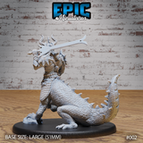 Lizardfolk centaur warrior seen from the side, longsword extended forward, spined tail sweeping behind, overlapping scale plates across the lower body and ornate horned helmet visible. Sculpt by Epic Miniatures.