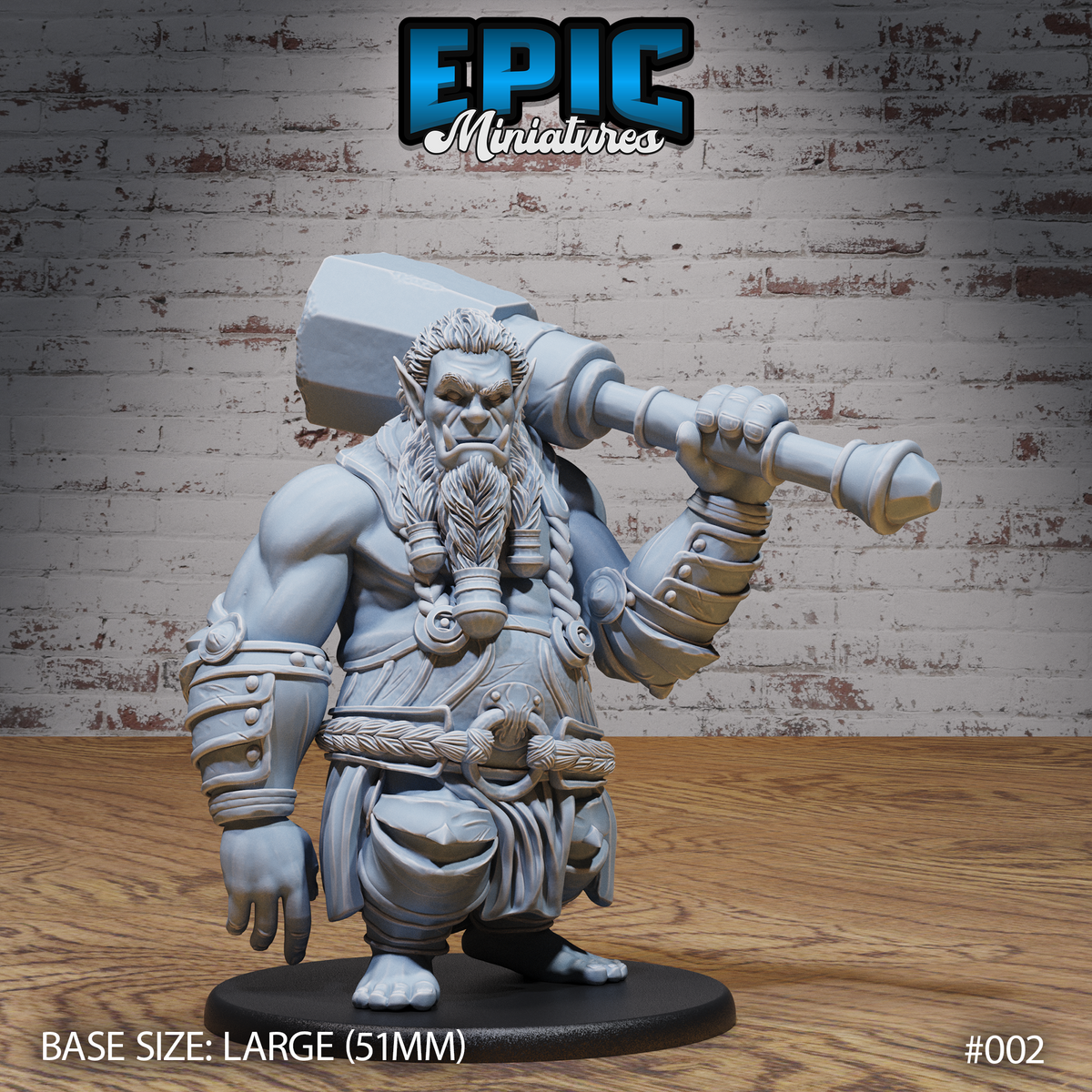 Heavily muscled half-troll standing upright, resting a massive flat-headed stone maul on his right shoulder, wearing a braided beard, feather-adorned throat piece, layered sash and studded wrist wraps. Sculpt by Epic Miniatures.