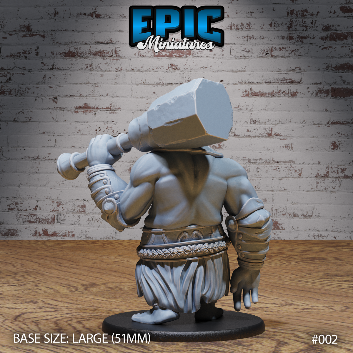 Half-troll sculpt seen from behind, broad bare back and wide shoulders on full display, stone maul gripped over the shoulder, ornate rope-patterned sash tied at the waist, bare feet. Sculpt by Epic Miniatures.