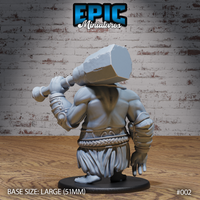 Half-troll sculpt seen from behind, broad bare back and wide shoulders on full display, stone maul gripped over the shoulder, ornate rope-patterned sash tied at the waist, bare feet. Sculpt by Epic Miniatures.