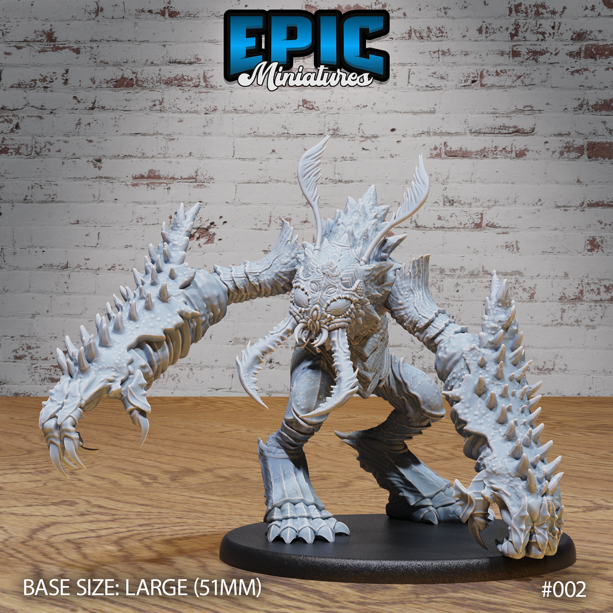 Insect Hulk Devourer by Epic Miniatures — massive spined aberration with wide-spread clawed arms, compound-eye face mask, antler antennae, and layered chitinous armour, posed in an aggressive wide lunge on a 51mm oval base.