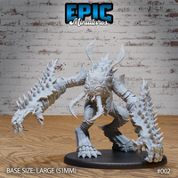Insect Hulk Devourer by Epic Miniatures — massive spined aberration with wide-spread clawed arms, compound-eye face mask, antler antennae, and layered chitinous armour, posed in an aggressive wide lunge on a 51mm oval base.