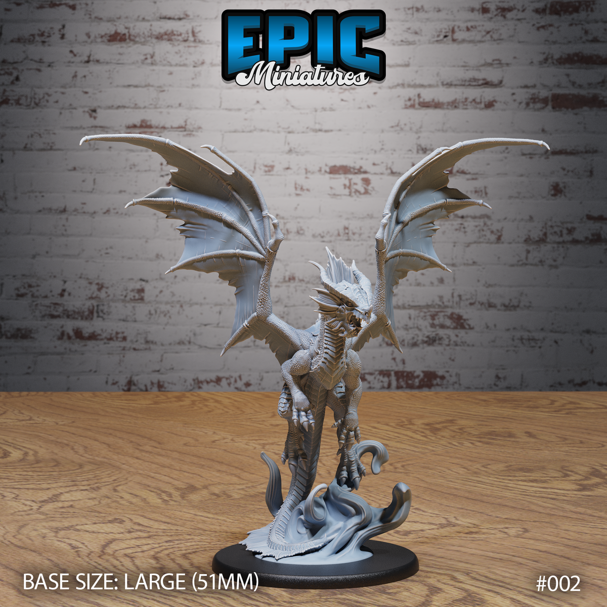 Young red dragon rearing upright on hind legs, wings fully spread wide, neck extended forward with frilled crest, clawed feet gripping a swirling smoke base. Sculpt by Epic Miniatures.
