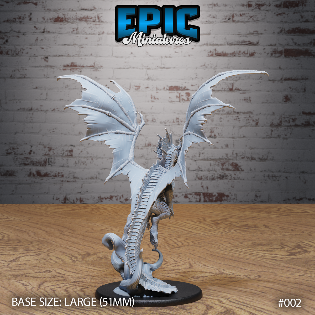Young red dragon viewed from behind, wings fully open showing detailed bone-spur membranes, pronounced dorsal spines running full length of spine to curling tail, swirling base below. Sculpt by Epic Miniatures.