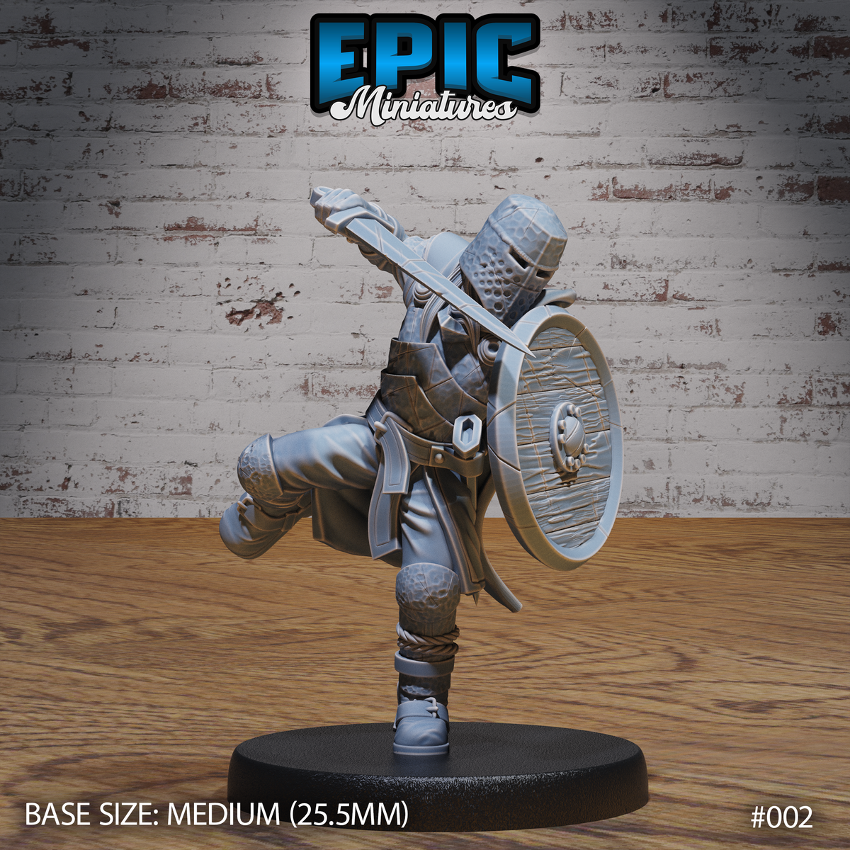 Armoured knight mid-charge, one knee raised, sword arm swept back overhead, round shield raised with carved emblem, wearing a riveted great helm and mail hauberk with belted surcoat. Sculpt by Epic Miniatures.