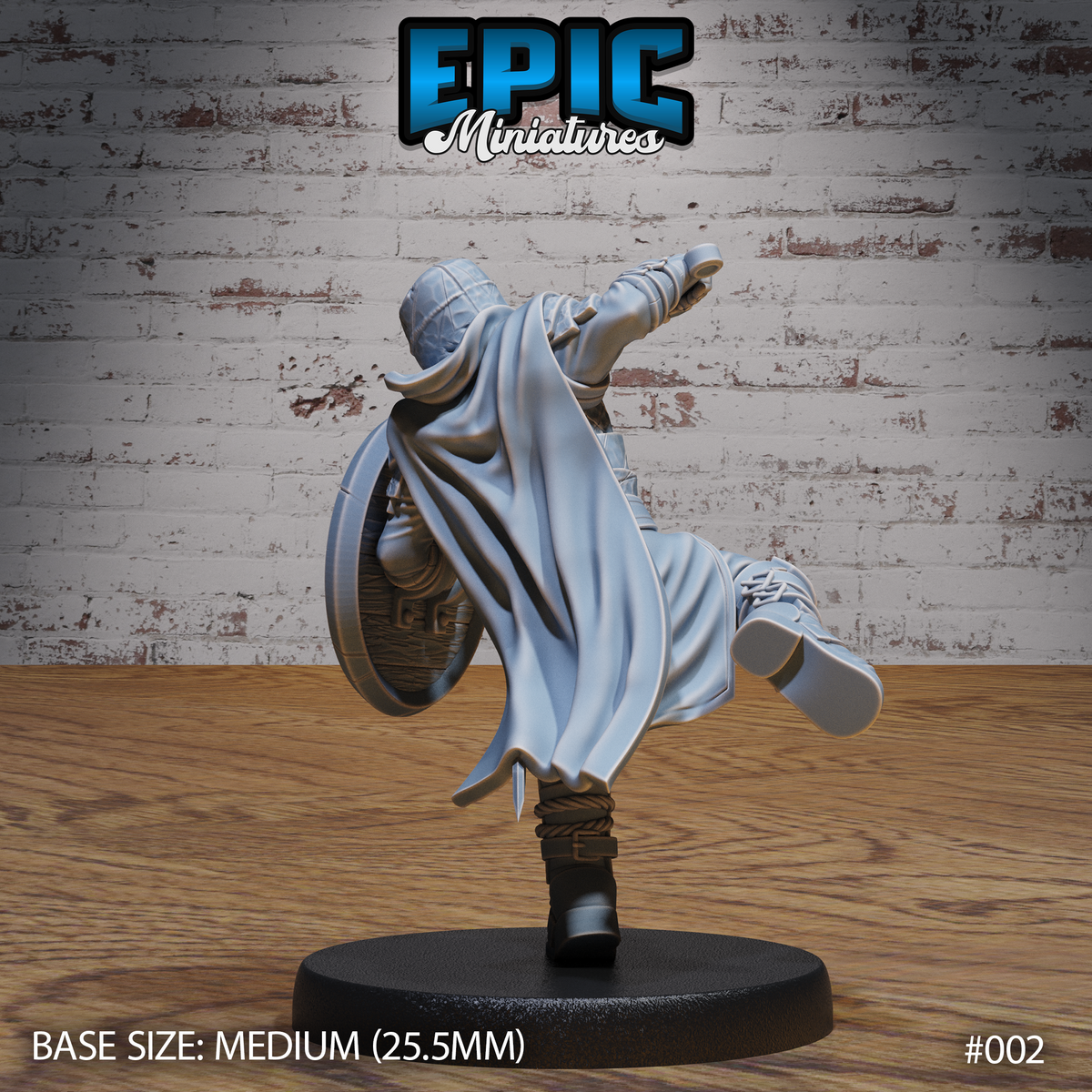 Rear view of an armoured knight in full stride, billowing cloak with deep fabric folds sweeping to one side, cord-wrapped boot bindings and buckled straps visible, round shield slung across the back. Sculpt by Epic Miniatures.