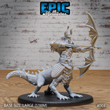 Lizardfolk centaur archer in horned helmet, bow drawn at full extension, scaled torso armour, dragon-winged bow, large lizard lower body with spiked tail, on a round 51mm base. Sculpt by Epic Miniatures.
