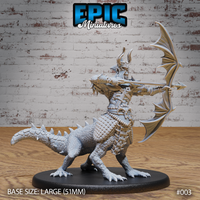 Lizardfolk centaur archer in horned helmet, bow drawn at full extension, scaled torso armour, dragon-winged bow, large lizard lower body with spiked tail, on a round 51mm base. Sculpt by Epic Miniatures.