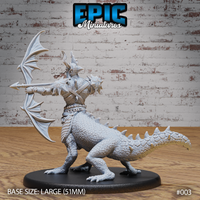 Lizardfolk centaur archer with horned helm and overlapping scale armour, holding a spread dragon-winged bow at arm's length, spiked lizard haunches and long ridged tail visible. Sculpt by Epic Miniatures.