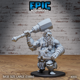 Stocky bearded half-troll heaving a large stone maul overhead with a riveted gauntlet, wearing a belted tunic and braided beard with a ring clasp, on a 51mm base. Sculpt by Epic Miniatures.
