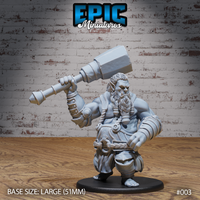 Stocky bearded half-troll heaving a large stone maul overhead with a riveted gauntlet, wearing a belted tunic and braided beard with a ring clasp, on a 51mm base. Sculpt by Epic Miniatures.