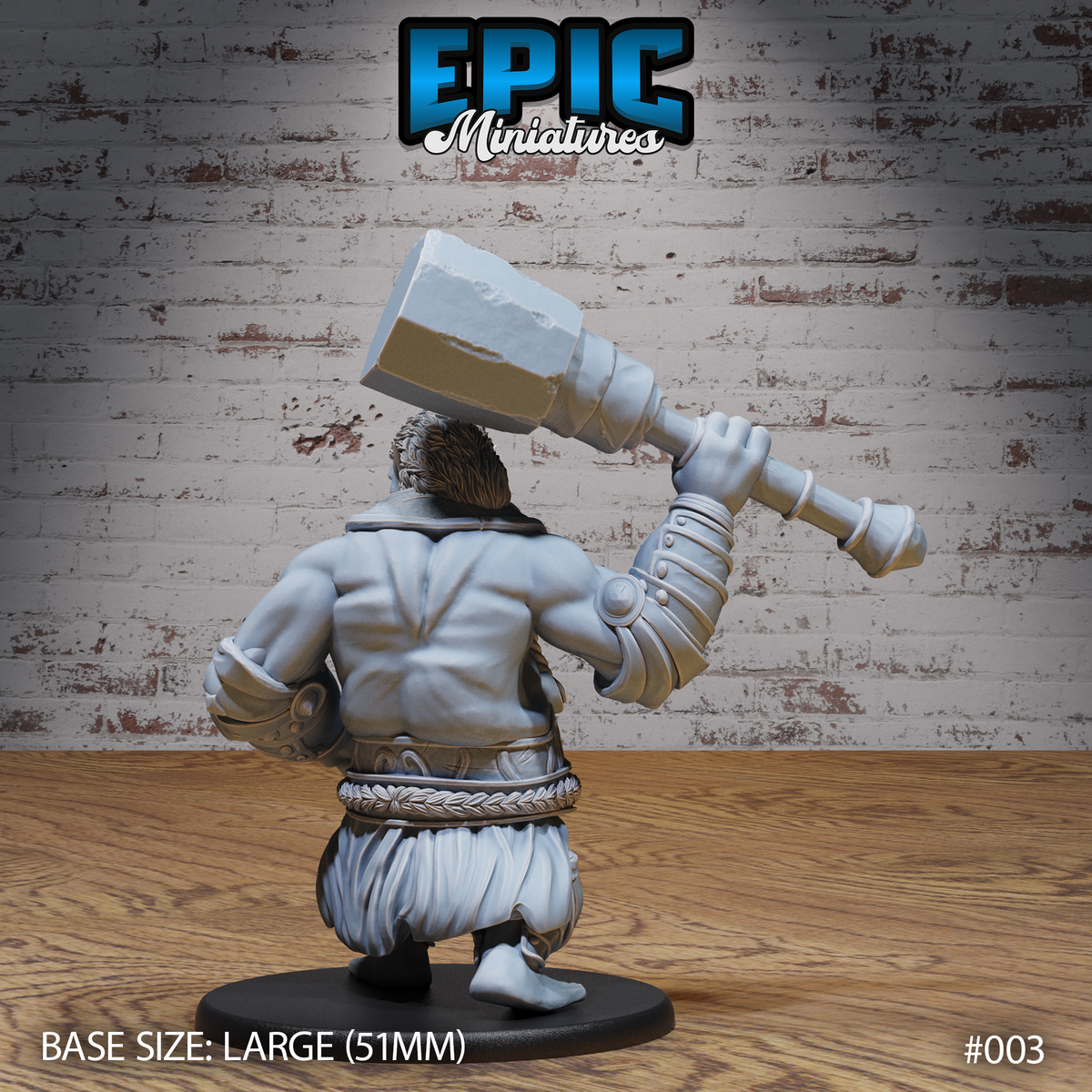 Broad-backed half-troll seen from behind, thick braided hair visible, stone maul raised high in a gauntleted fist, wearing layered wraps and a braided cord belt. Sculpt by Epic Miniatures.