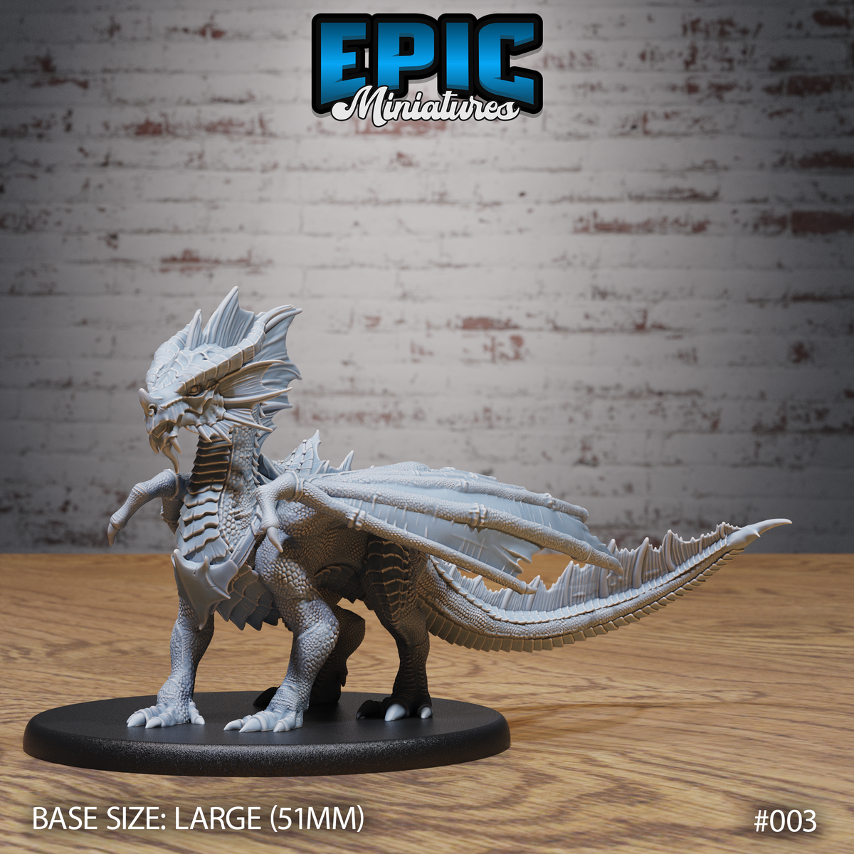 Young red dragon miniature standing upright, wings half-spread, crested fin head raised, overlapping scales across body and finned tail sweeping back. Sculpt by Epic Miniatures.