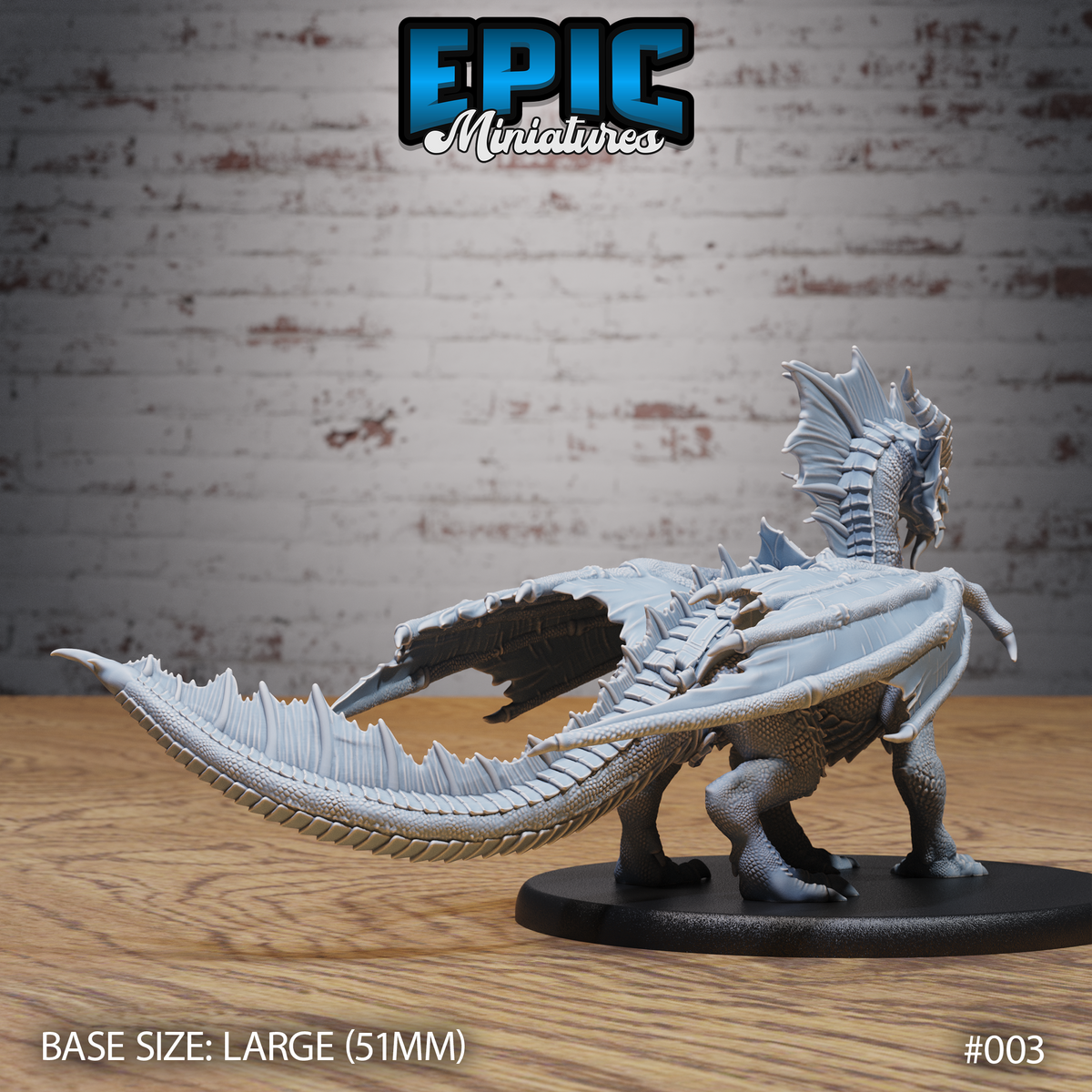 Young red dragon miniature seen from the flank, wings extended low and wide, ribbed membranes detailed, scaled haunches braced, swept fin-crest visible at the neck. Sculpt by Epic Miniatures.