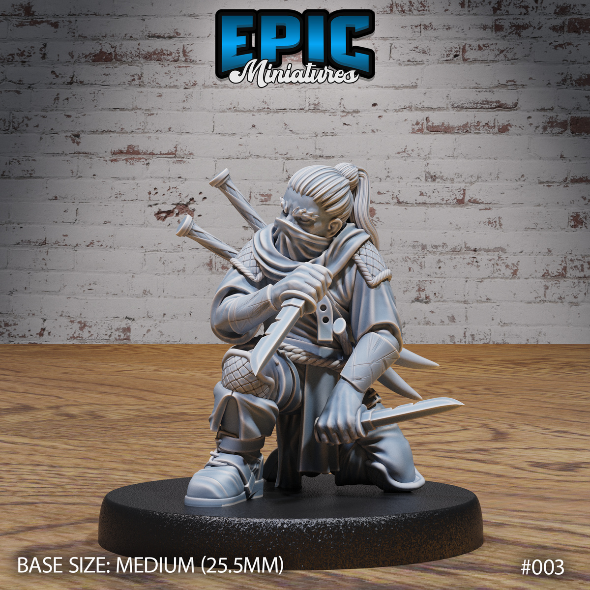 Crouching female assassin miniature, one knee down, gripping a short blade in one hand and a dirk low at her side, face wrapped in a scarf, long hair in a ponytail, wearing quilted armour and a layered cloak with rope at her waist and two swords sheathed across her back. Sculpt by Epic Miniatures.