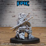 Rear view of a crouching female assassin miniature showing two crossed swords sheathed on her back, a flowing cloak with detailed fabric folds, braided rope tied at her waist, belt pouches, and a small satchel at her hip. Quilted armour visible on legs and arms. Sculpt by Epic Miniatures.