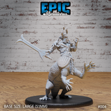 Bipedal lizard centaur miniature rearing upright, wielding a broad hooked falchion in its right hand, left arm extended with claws splayed, wearing segmented rune-etched plate armour with curved horns, on a large oval base. Sculpt by Epic Miniatures.