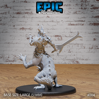 Lizard centaur miniature viewed from behind and to the side, showing heavily scaled haunches and spiked lower body, upper torso in angular plate armour with a crested horned helm, falchion extended to the rear. Sculpt by Epic Miniatures.