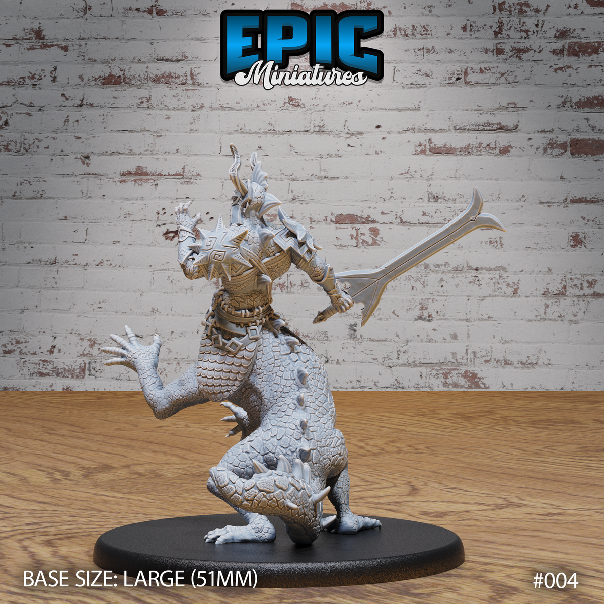Lizard centaur miniature viewed from behind and to the side, showing heavily scaled haunches and spiked lower body, upper torso in angular plate armour with a crested horned helm, falchion extended to the rear. Sculpt by Epic Miniatures.