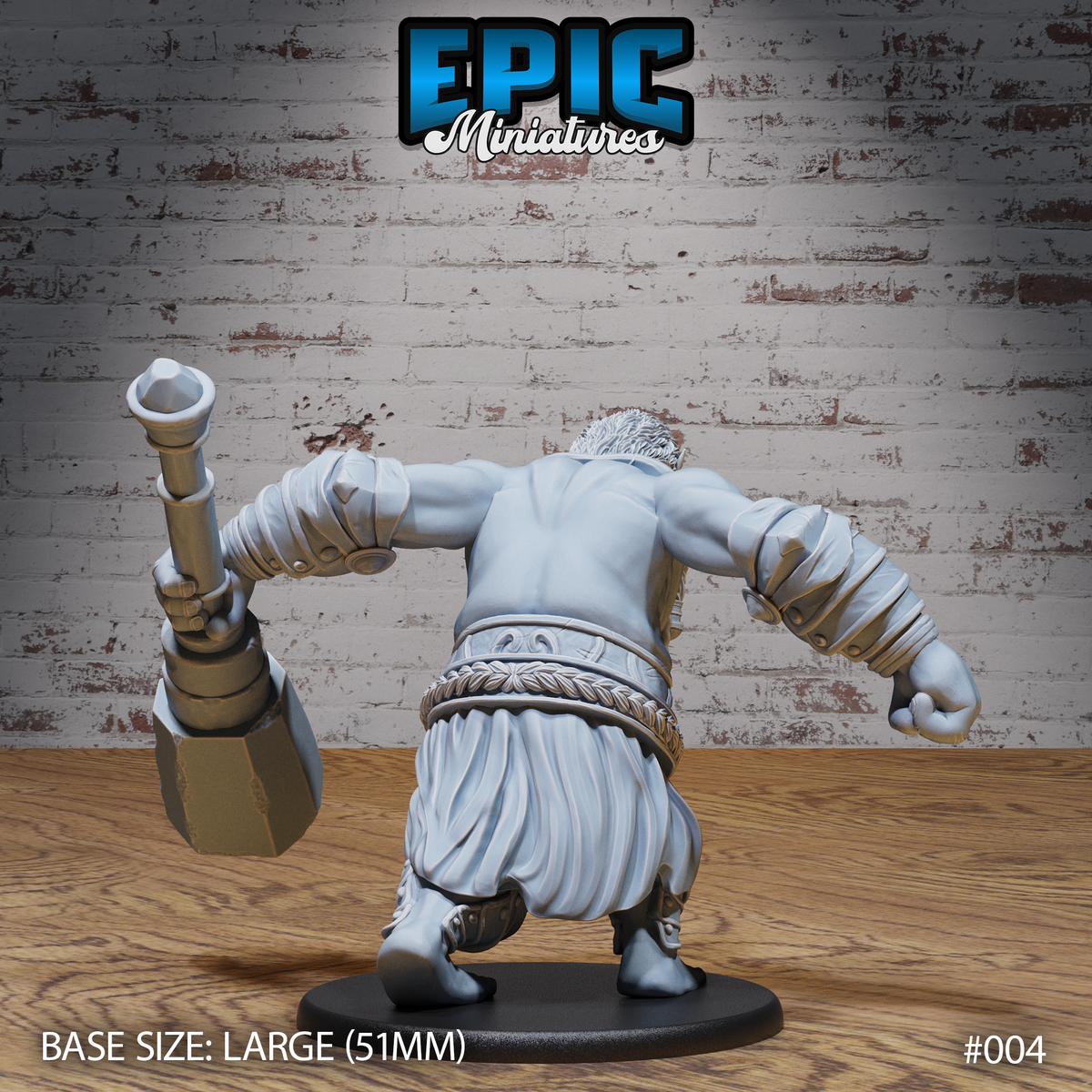 Half-troll miniature seen from behind, maul raised overhead in one hand, broad back and defined musculature visible, rope-cinched cloth trousers and decorative belt detail, bare feet, large oval base. By Epic Miniatures.
