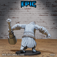 Half-troll miniature seen from behind, maul raised overhead in one hand, broad back and defined musculature visible, rope-cinched cloth trousers and decorative belt detail, bare feet, large oval base. By Epic Miniatures.