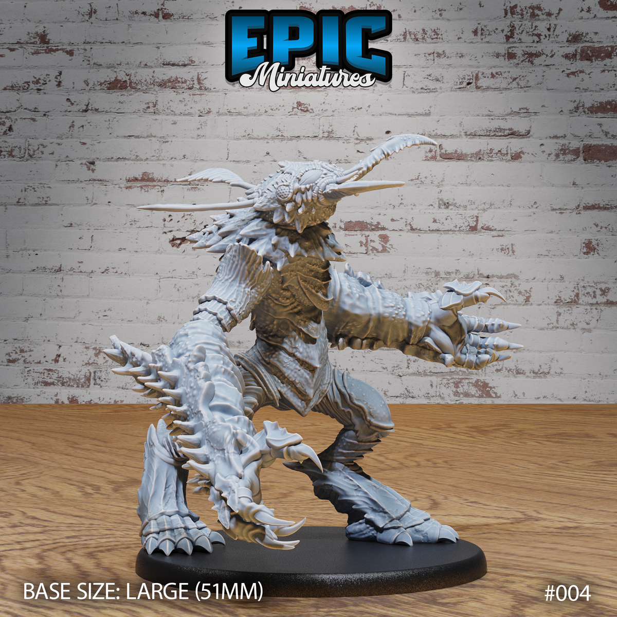 Insect Hulk Devourer by Epic Miniatures — massive chitinous humanoid creature lunging forward, one swiping claw extended, broad segmented body covered in overlapping armour plates and dorsal spines, large curving horns swept back from a compound-eyed head, open roaring maw, on a 51mm plain round base.