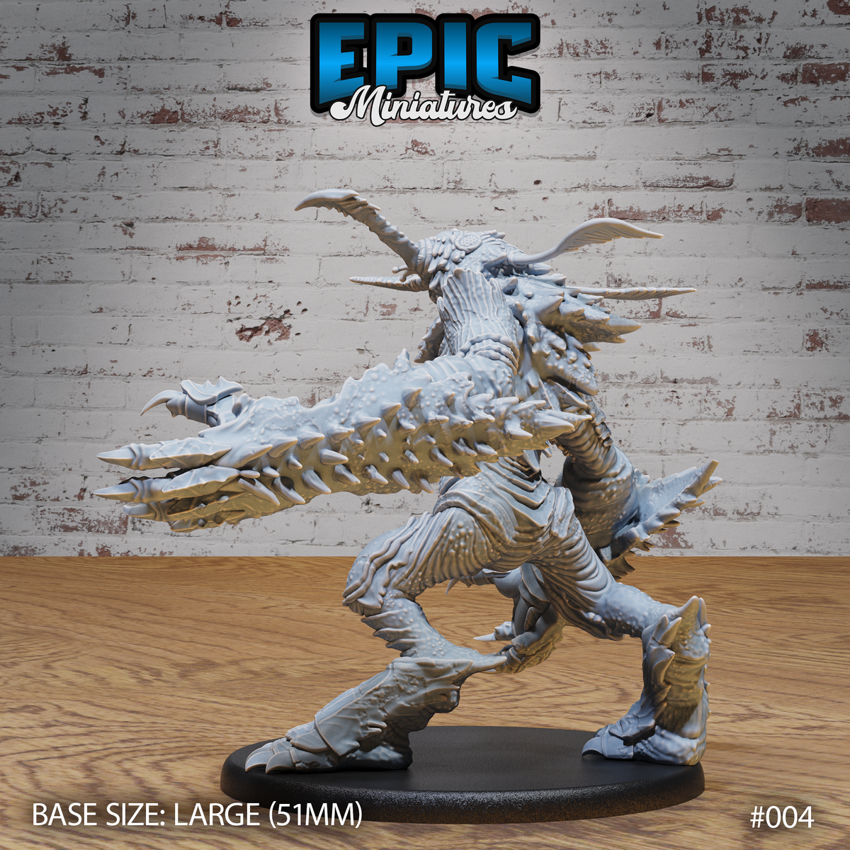 Insect Hulk Devourer by Epic Miniatures — viewed from a low angle emphasising the creature's bulk, prominent elongated jaw lined with teeth thrust forward, torso and limbs densely covered in ridged chitin scales and spines, powerful clawed legs braced in a charging stance, on a 51mm plain round base.
