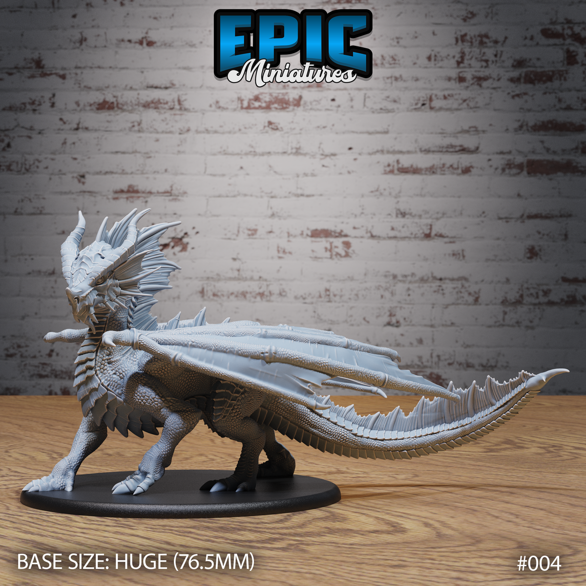 Adult red dragon miniature in a forward-lunging stance, wings half-furled and tail sweeping back with a serrated frill, crowned with layered horns and bony crests. Sculpt by Epic Miniatures.