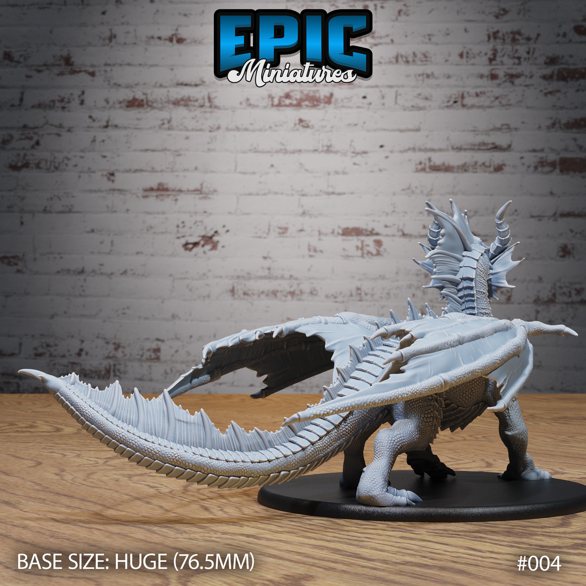 Adult red dragon miniature viewed from behind, showing the full spread of ribbed membranous wings, long serrated tail, and spined dorsal crest running to the horned head. Sculpt by Epic Miniatures.
