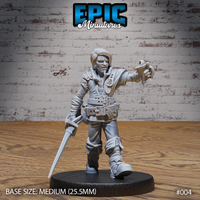 Lean male figure striding forward, holding a slim dagger low in one hand and raising a tankard in the other, wearing a layered coat, studded belt with pouches, and high boots. Sculpt by Epic Miniatures.