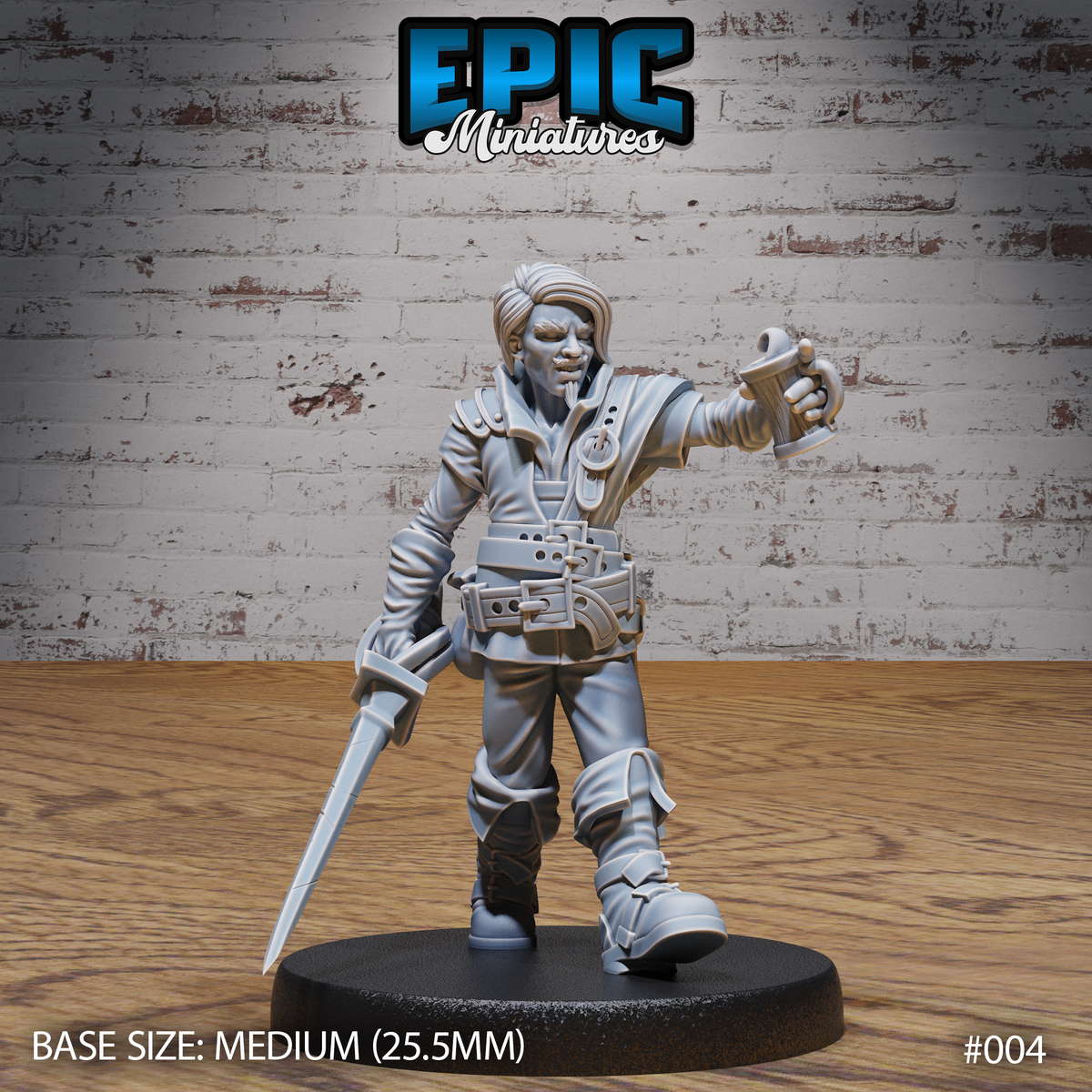 Lean male figure striding forward, holding a slim dagger low in one hand and raising a tankard in the other, wearing a layered coat, studded belt with pouches, and high boots. Sculpt by Epic Miniatures.