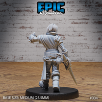 Male figure seen from behind, coat flowing open to reveal a belted pouch and a dagger held low at the side, mid-stride with one arm extended forward. Sculpt by Epic Miniatures.