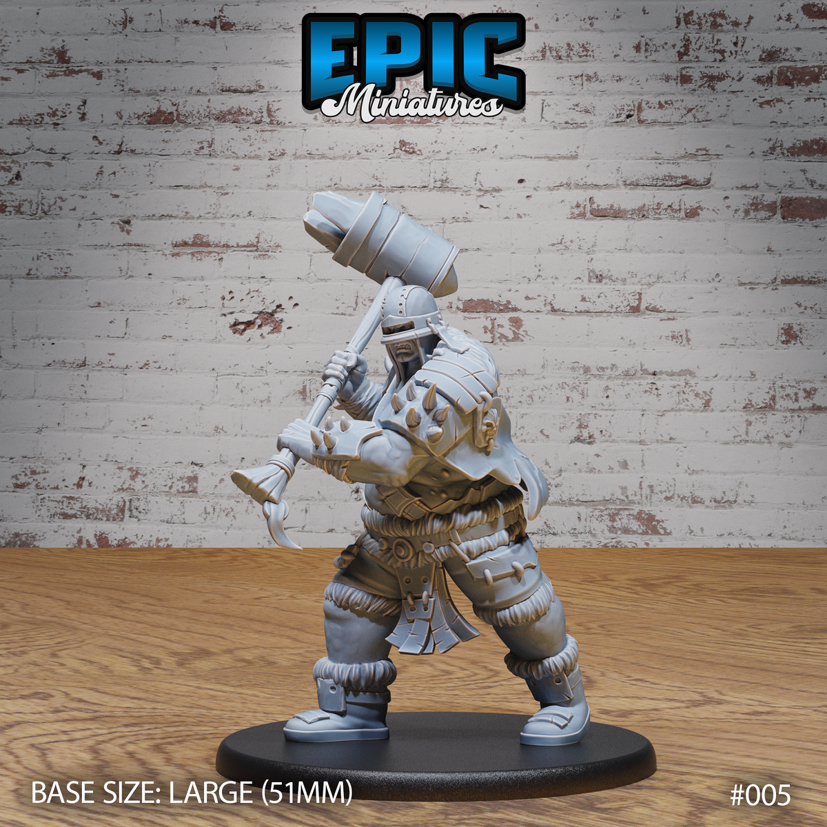 Hill Giant Juggernaut by Epic Miniatures — broad-shouldered giant in studded fur armour swinging a massive iron maul overhead, helmeted, mid-strike stance, on a large oval base.