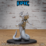 Lamia miniature by Epic Miniatures — serpentine lower body coiled on a 51mm round base, upper torso leaning forward, both arms outstretched with long clawed fingers spread wide, wild hair tangled with writhing snakes spiralling above her head.