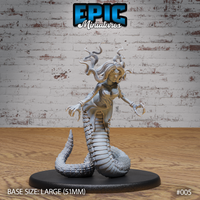 Lamia miniature by Epic Miniatures — serpentine lower body coiled on a 51mm round base, upper torso leaning forward, both arms outstretched with long clawed fingers spread wide, wild hair tangled with writhing snakes spiralling above her head.